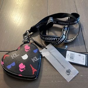 NWT Original Karl Lagerfeld Paris Black Heart Lanyard Pouch Eiffel Tower Cat